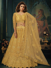 Thumbnail for Myra Beautiful Mustard Yellow Heavy Embroidered Net Bridal Lehenga Online