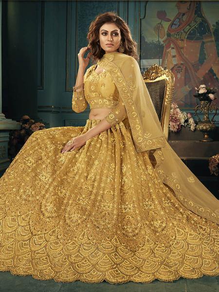 Myra Beautiful Mustard Yellow Heavy Embroidered Net Bridal Lehenga