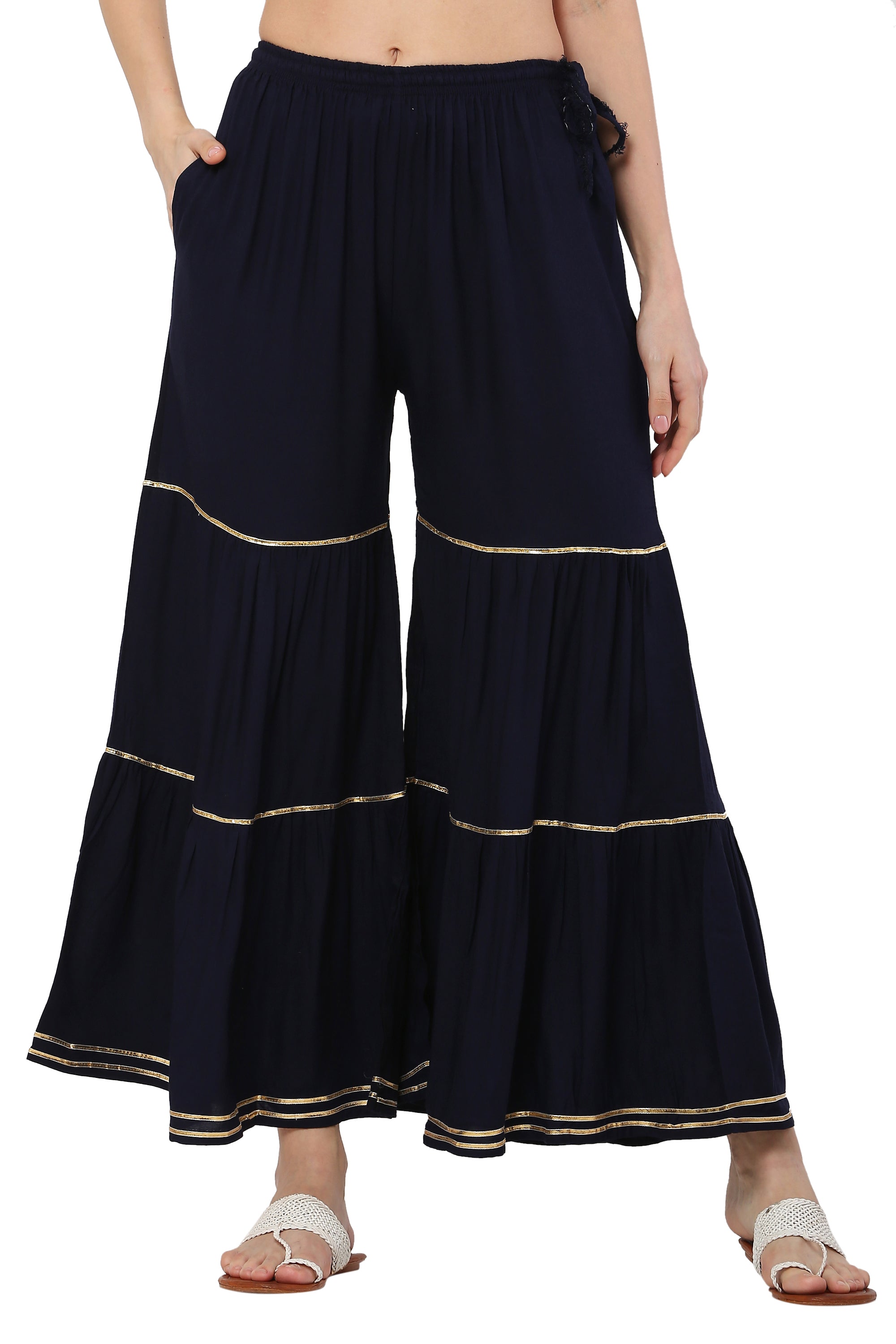 PAVONINE Navy Blue Color 3-Panels Golden Gota Flared Sharara For Women - Distacart
