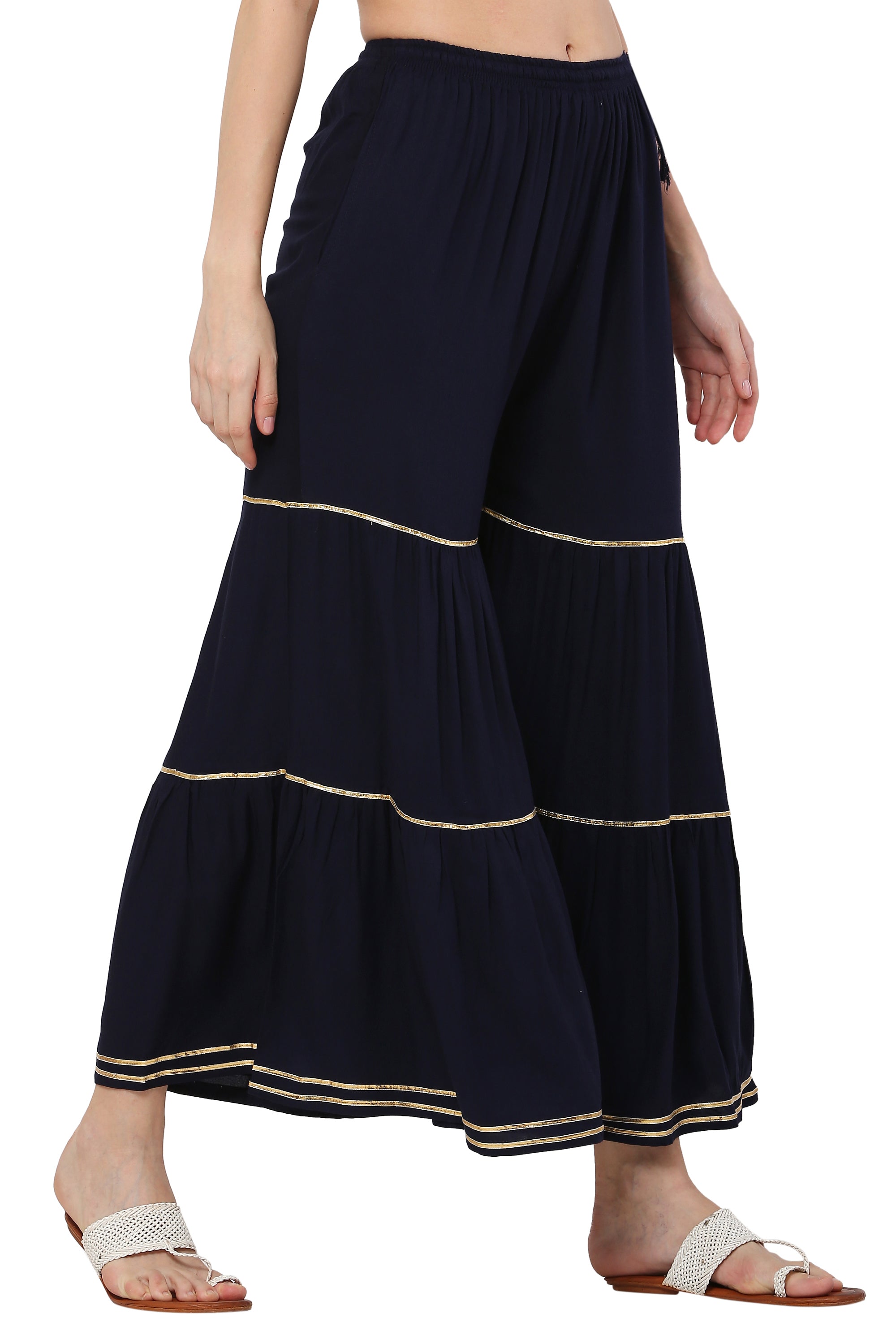 PAVONINE Navy Blue Color 3-Panels Golden Gota Flared Sharara For Women - Distacart