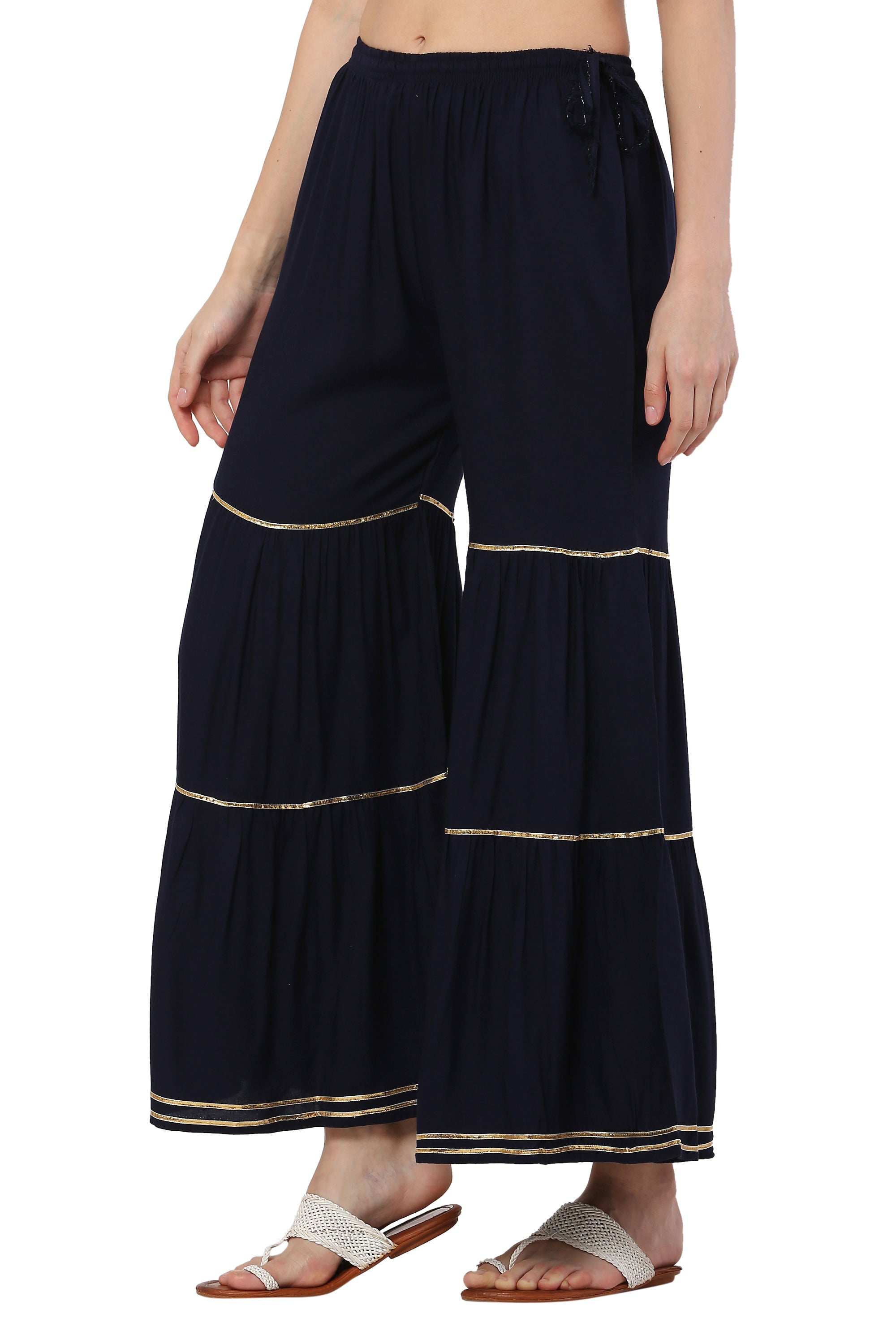 PAVONINE Navy Blue Color 3-Panels Golden Gota Flared Sharara For Women - Distacart