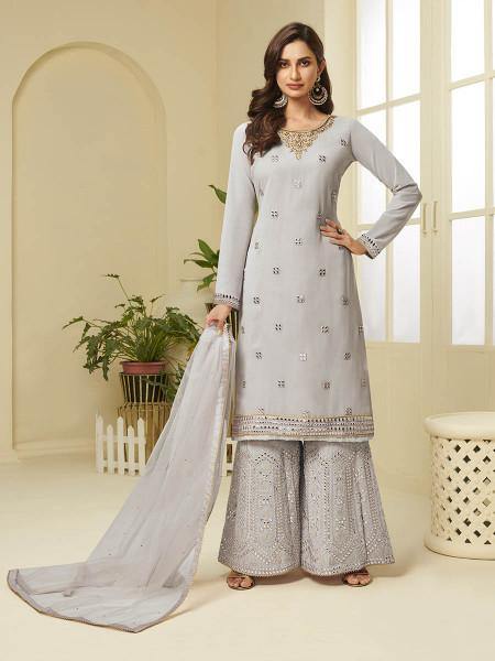 Myra Grey Georgette Embroidered Palazzo Suit - Distacart