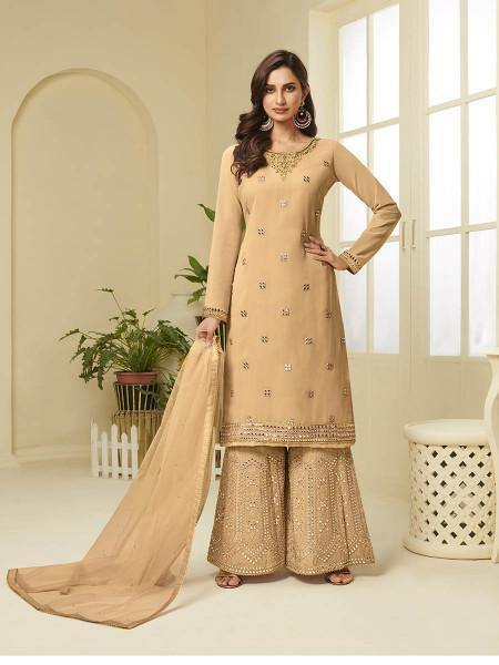 Myra Mustard Yellow Georgette Embroidered Palazzo Suit