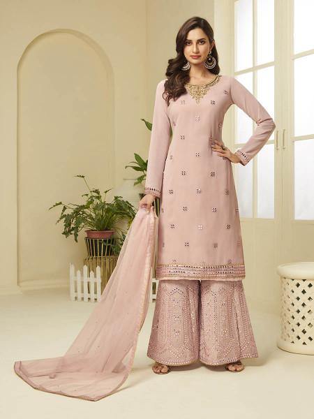 Myra Pink Georgette Embroidered Palazzo Suit