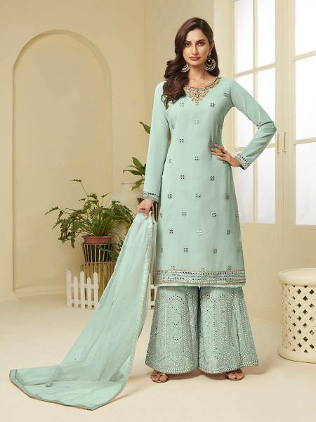 Myra Aqua Blue Georgette Embroidered Palazzo Suit