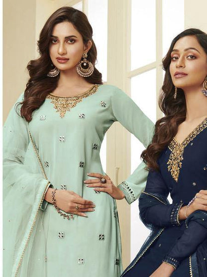 Myra Aqua Blue Georgette Embroidered Palazzo Suit - Distacart