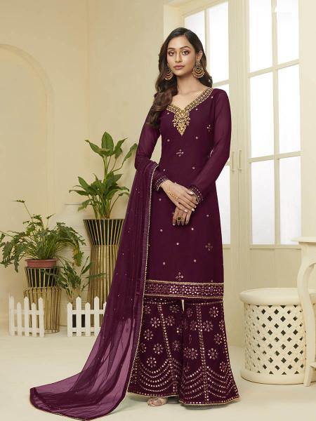 Myra Wine Georgette Embroidered Palazzo Beautiful Suit
