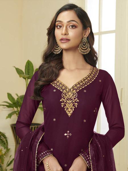 Myra Wine Georgette Embroidered Palazzo Beautiful Suit