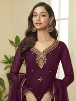 Thumbnail for Myra Wine Georgette Embroidered Palazzo Beautiful Suit