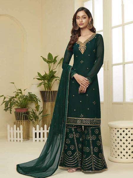 Myra Beautiful Green Georgette Embroidered Palazzo Suit