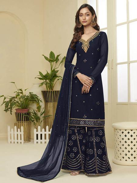 Myra Navy Blue Georgette Embroidered Palazzo Suit