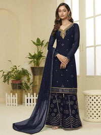 Thumbnail for Myra Navy Blue Georgette Embroidered Palazzo Suit