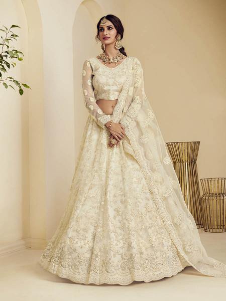 Myra Fashion Off White Heavy Embroidered Net Bridal Lehenga