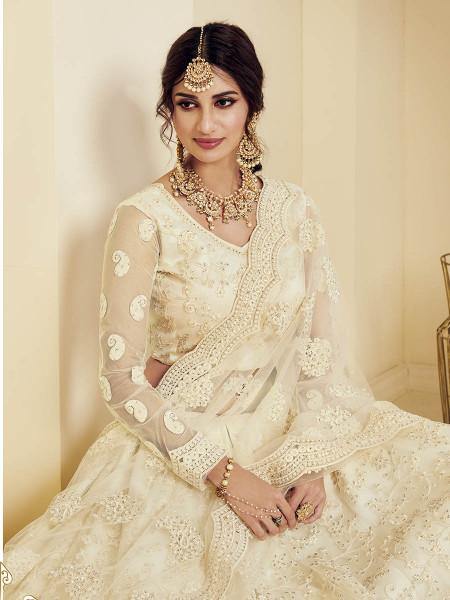 Myra Fashion Off White Heavy Embroidered Net Bridal Lehenga online