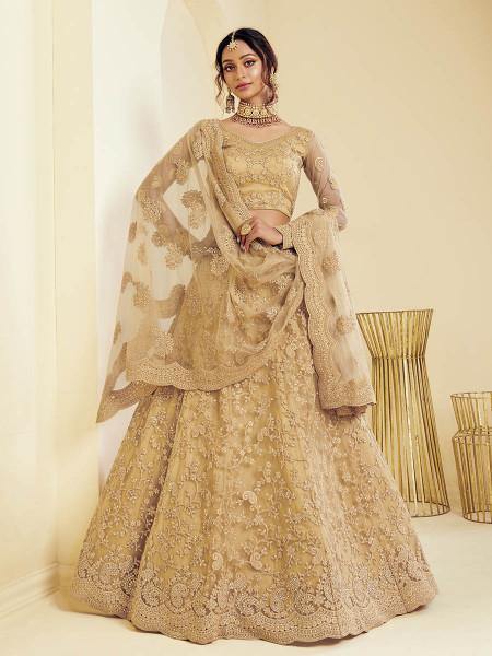 Myra Beautiful Fashion Golden Heavy Embroidered Net Bridal Lehenga online