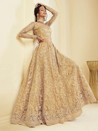 Myra Beautiful Fashion Golden Heavy Embroidered Net Bridal Lehenga
