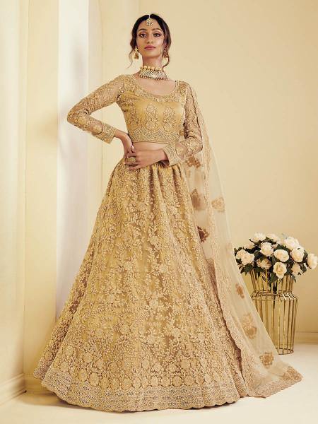 Myra Beautiful Golden Heavy Embroidered Net Bridal Lehenga Online 