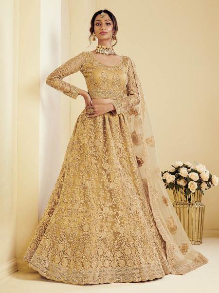 Myra Golden Heavy Embroidered Net bridal Lehenga - Distacart