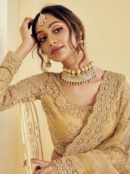 Myra Beautiful Golden Heavy Embroidered Net Bridal Lehenga