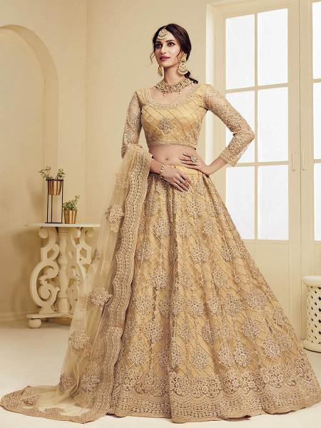 Myra Golden Heavy Embroidered Net Bridal Lehenga online