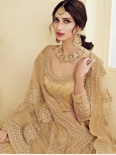 Myra Golden Heavy Embroidered Net Bridal Lehenga