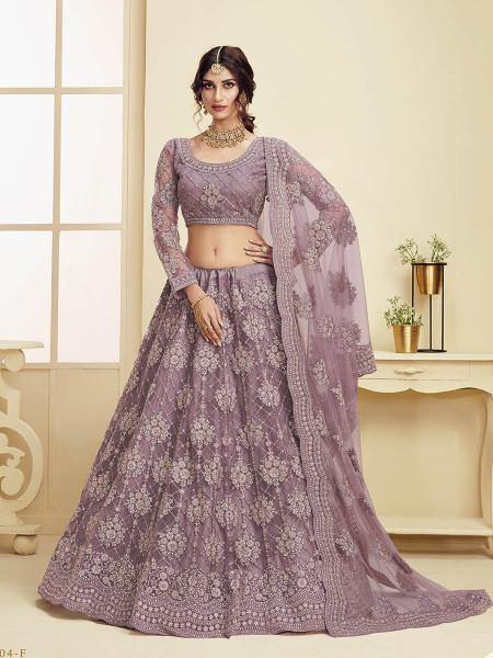 Myra Violet Heavy Embroidered Net bridal Lehenga - Distacart