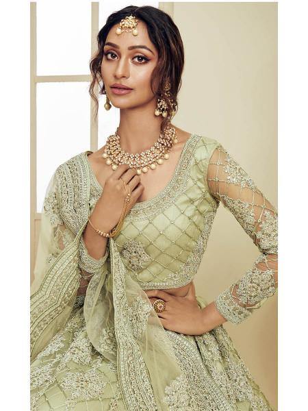 Myra Mint Green Heavy Embroidered Net bridal Lehenga - Distacart