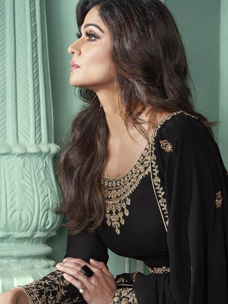 Black and Gold Georgette Embroidered Anarkali Suit