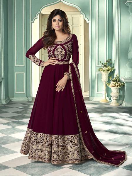Myra Wine and Gold Georgette Embroidered Anarkali Suit