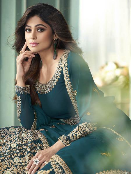Myra Teal Georgette Embroidered Anarkali Suit