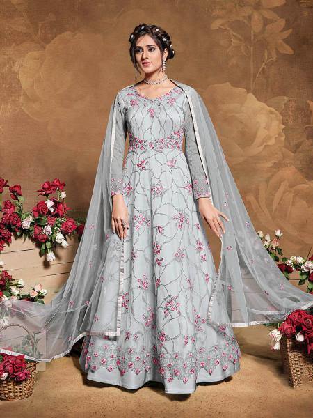 Myra Light Grey Butterfly Net Embroidered Anarkali Suit