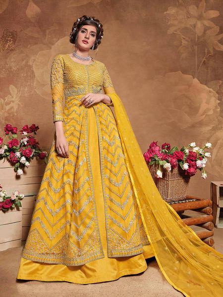 Myra Mustard Yellow Butterfly Net Embroidered Anarkali Suit
