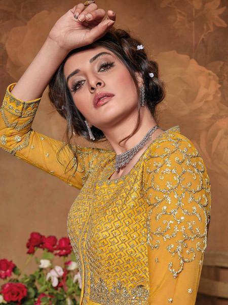 Myra Mustard Yellow Butterfly Net Embroidered Anarkali Suit online