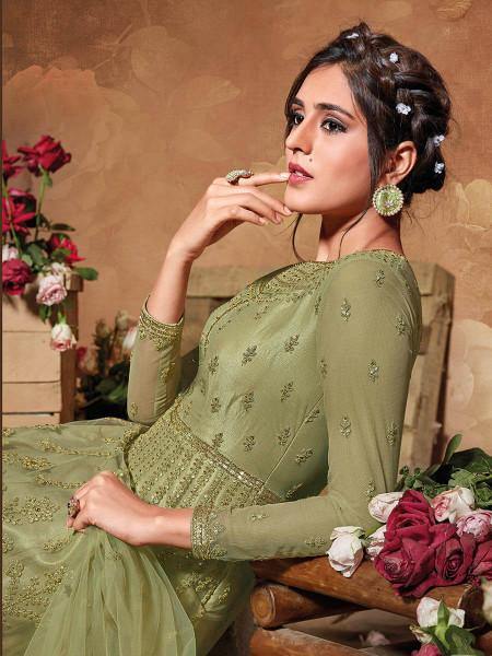Myra Beautiful Pista Butterfly Net Embroidered Anarkali Suit