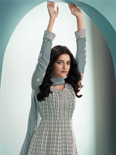 Myra Dusty Grey Real Georgette with Luckhnavi work Anarkali Suit online