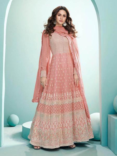 Myra Peach Real Georgette with Luckhnavi work Anarkali Suit