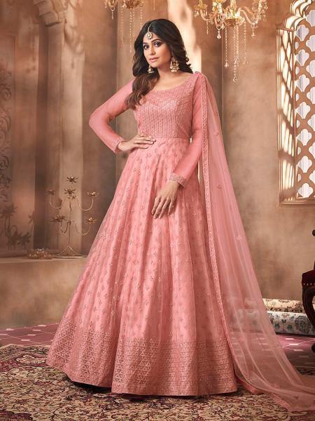 Myra Beautiful Dusty Pink Butterfly Net Embroidered Anarkali Suit