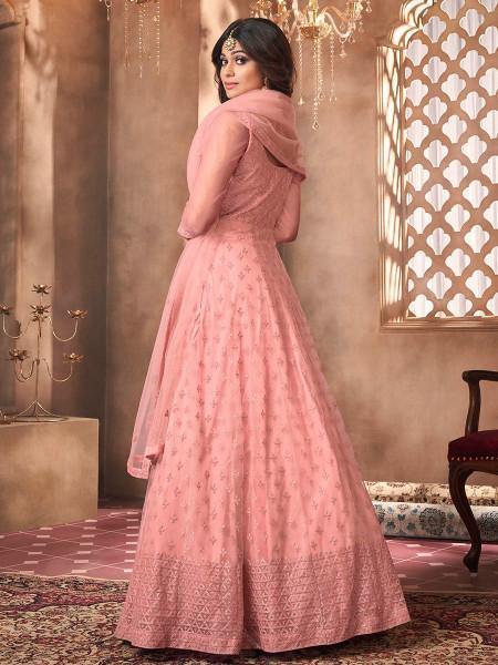 Myra Beautiful Dusty Pink Butterfly Net Embroidered Anarkali Suit Myra Beautiful Dusty Pink Butterfly Net Embroidered Anarkali Suit