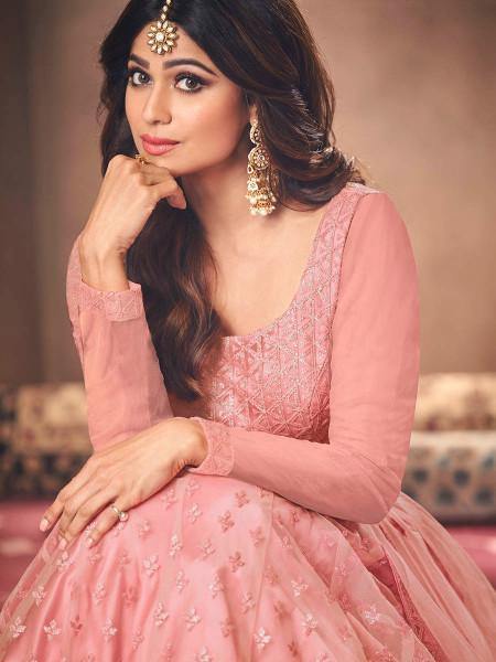 Myra Beautiful Dusty Pink Butterfly Net Embroidered Anarkali Suit Online
