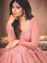 Thumbnail for Myra Beautiful Dusty Pink Butterfly Net Embroidered Anarkali Suit Online