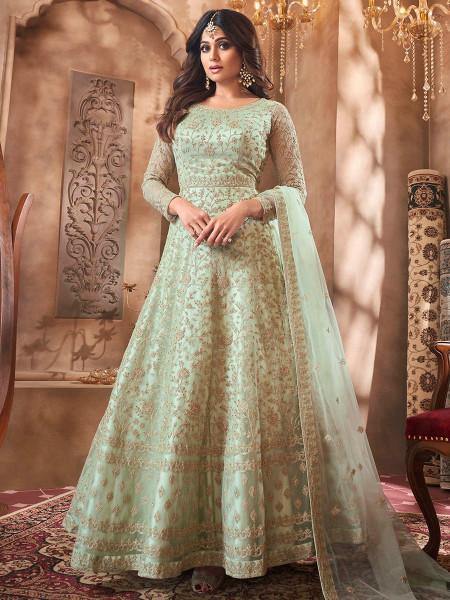 Myra Beautiful Pastel Green Butterfly Net Embroidered Anarkali Suit