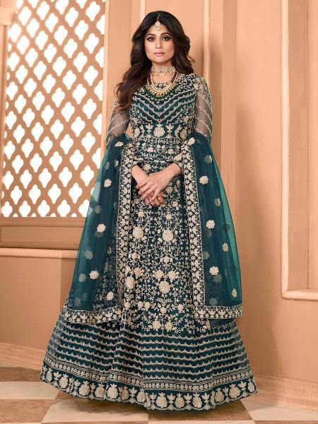 Myra Rama Green Butterfly Net Embroidered Anarkali Suit