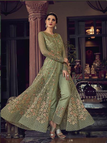 Myra Fashion Pista Embroidered Butterfly Net Anarkali Suit online