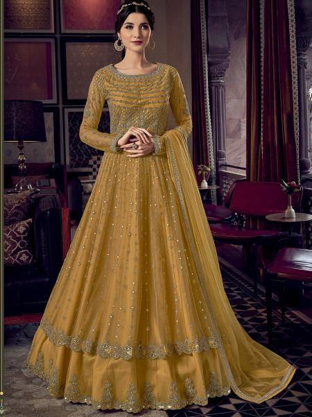 Myra Mustard Yellow Embroidered Butterfly Net Anarkali Suit