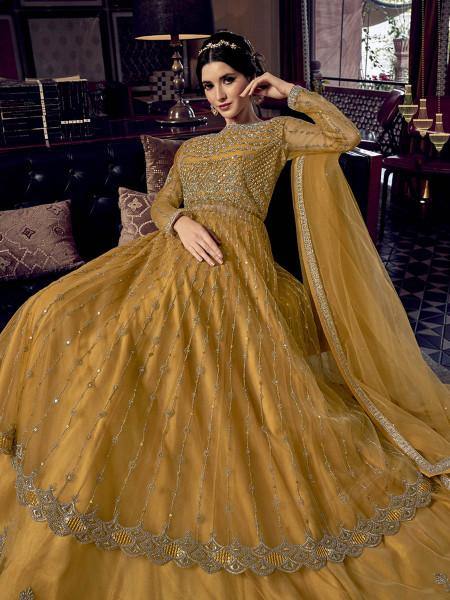 Myra Mustard Yellow Embroidered Butterfly Net Anarkali Suit online