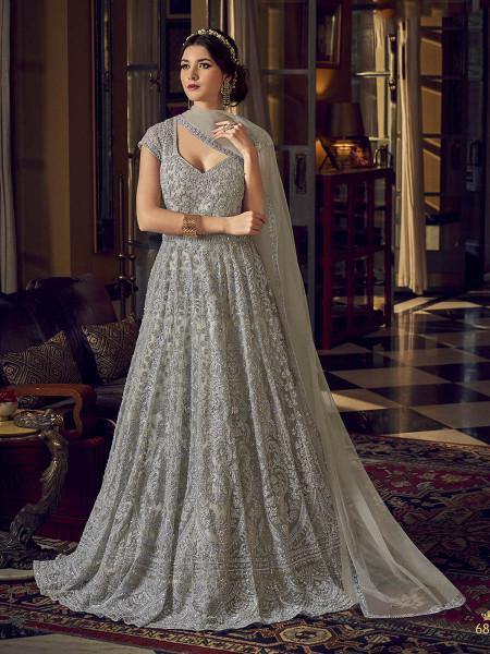 Myra Dusty Grey Embroidered Butterfly Net Anarkali Suit