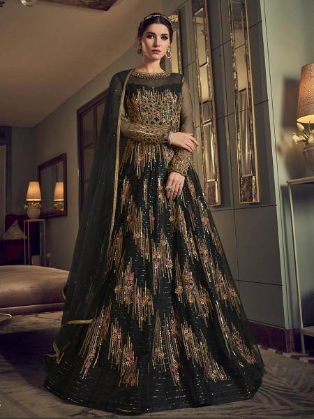 Myra Deep Green Embroidered butterfly net Anarkali Suit