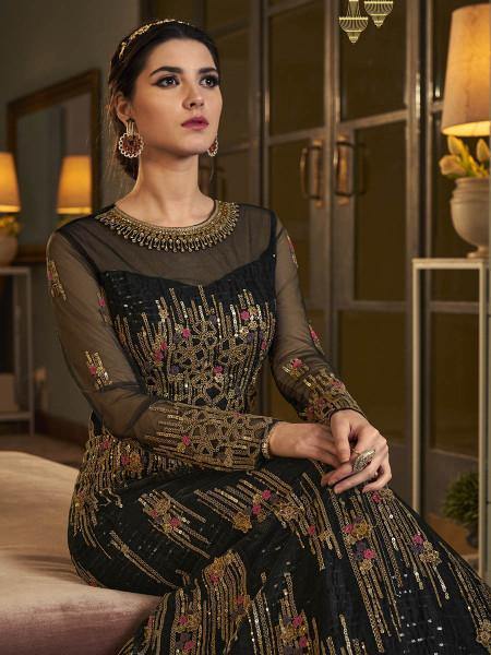 Myra Deep Green Embroidered butterfly net Anarkali Suit online