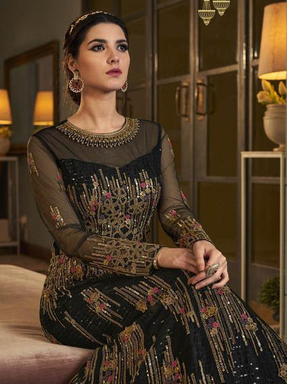 Myra Deep Green Embroidered butterfly net Anarkali Suit online