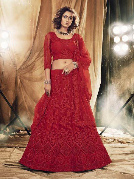 Myra Red Heavy Embroidered Net bridal Lehenga - Distacart